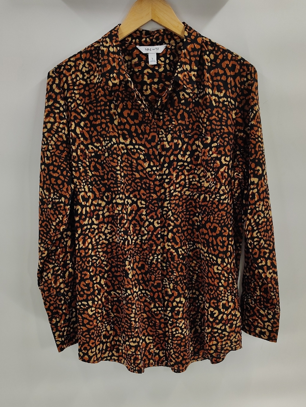 Nine West Button Down. Louse Size Large Leopard Print Long Sleeve